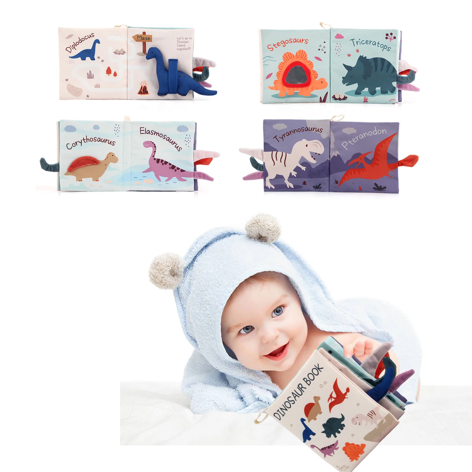 17x16cm Schwanz Stoff Buch Baby weiches Tuch Buch Eltern-Kind interaktiv 0-36 Monate sensorische Dinosaurier Buch Neugeborene Montessori Spielzeug Image