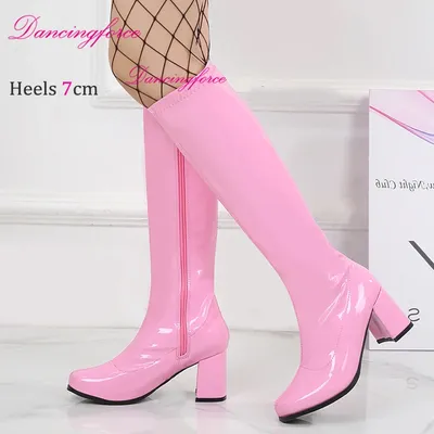 Pink Red Fancy Vintage 1950S 60S 70S Knee High Go Go Retro Boots Womens Sexy Shoes Ladies Larger Size EU36-46