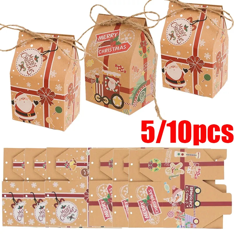 5/10 stücke Weihnachten Candy Box Hausform Santa Cookies Geschenke Verpackung Kraft papier Box für Weihnachten Neujahr 2025 Party Dekor Navidad Image