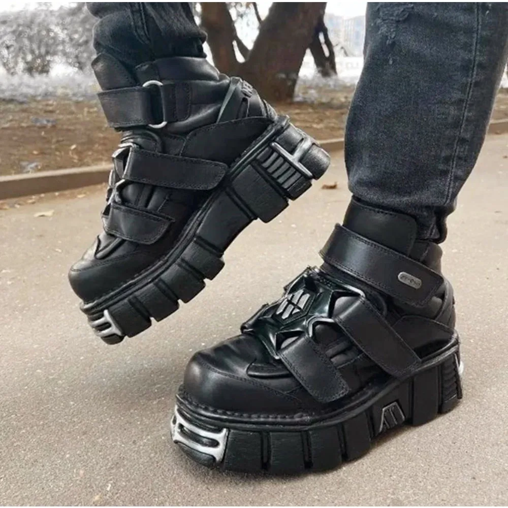 Marke Neue Rock Motorrad Stiefeletten Gothic Straße Chunky Heels Plattform Kurze Stiefel Damen Matal Herbst/Winter Schuhe Für Frau