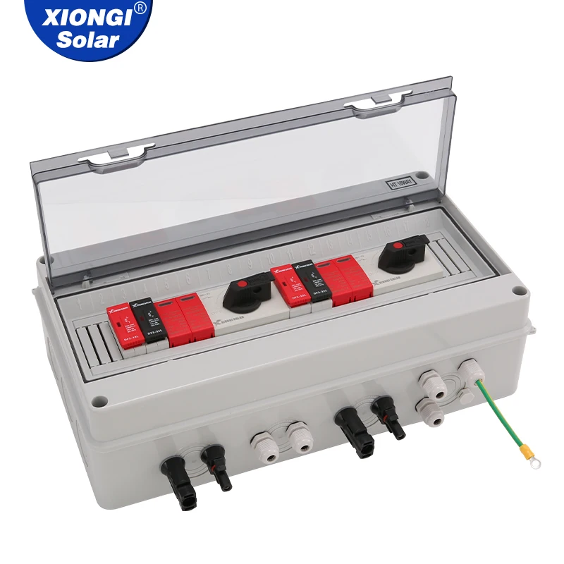 XIONGISOLAR 1000 V 2 Eingänge 2 Ausgänge Solar PV Combiner Box DC Überspannung Blitzschutz IP65 Wasserdichter Trennschalter Sicherung SPD Image