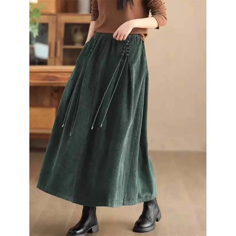 Retro Cord Rock Frauen Grün Frühling Herbst Kunst Große Größe Elastische Hohe Taille Tropfen Gefühl Lose A-Line Große Schaukel Rock K2456