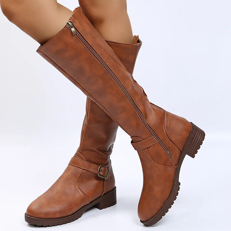 Neue Weiche Leder Frauen Reitstiefel Mode Doppel-reißverschluss Chunky Heels Schuhe Braun Runde Kappe Casual Gürtel Schnalle Lange Stiefel Frau