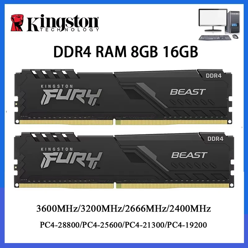 Kingston BEAST DDR4 RAM 3200 MHz 2666 MHz 3600 2400 MHz 8 GB 16 GB 4 GB Gaming-Desktop-Speicher PC4-25600 PC4-19200 288Pin DIMM DDR4 RAM Image