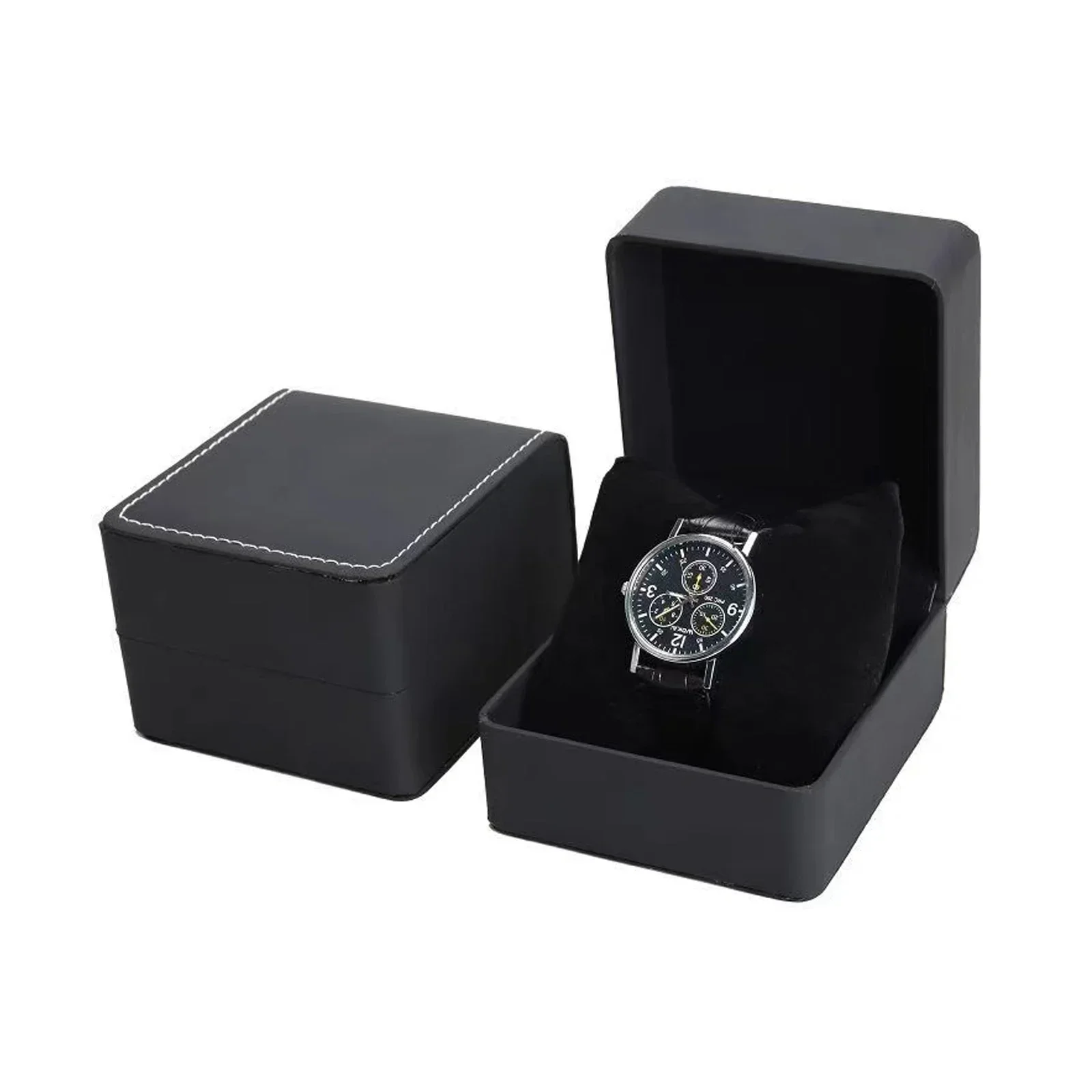 Schwarze Einzeluhr-Geschenkbox mit Kissen, PU-Leder, Armbanduhr-Vitrine, Organizer für Herren, Clamshell-Uhrengehäuse aus PU-Leder