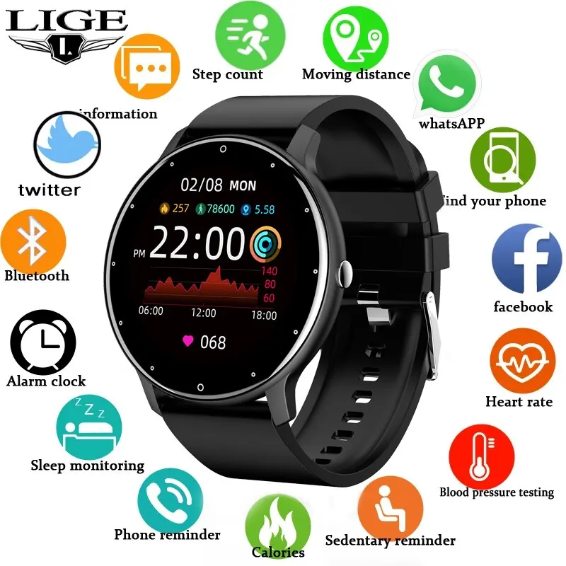 LIGE Smart Uhr Männer Frauen Voller Touchscreen Sport Fitness Uhr Mann IP67 Wasserdichte Bluetooth Für Android IOS Smartwatch Männer Image