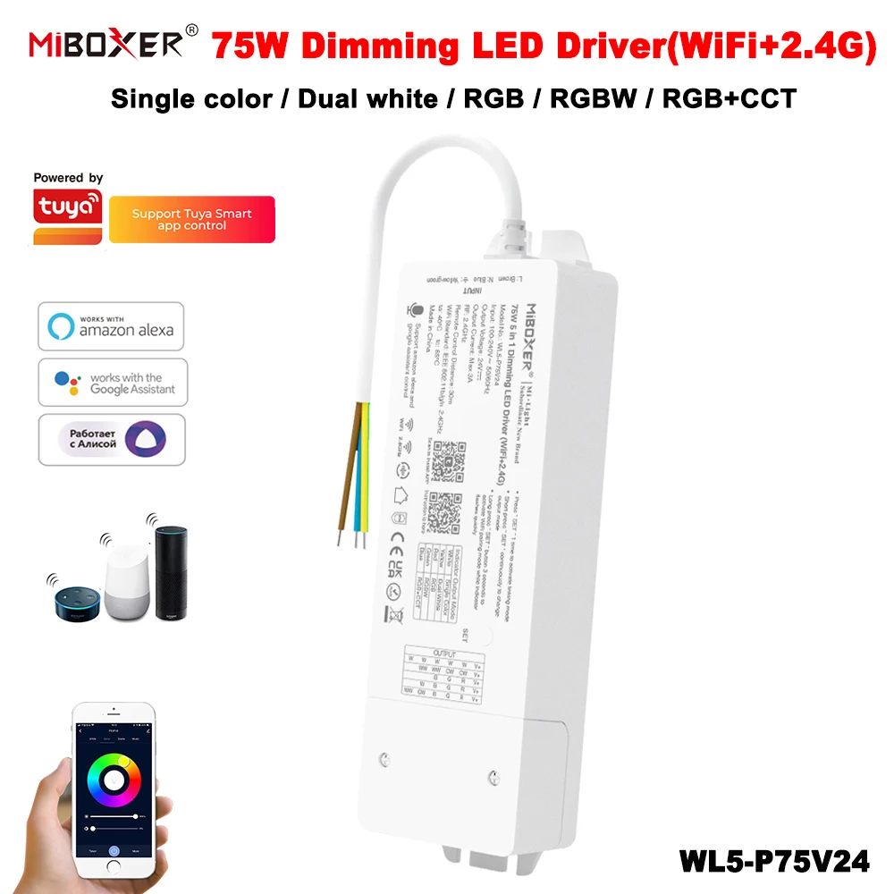 MiBoxer WL5-P75V24 5In1 Tuya Smart 24V75W WiFi+2,4G Dimmer Eingebauter Treiber für Einzelfarbe/Doppelweiß/RGB/RGBW/RGBCCT LED-Streifen Image