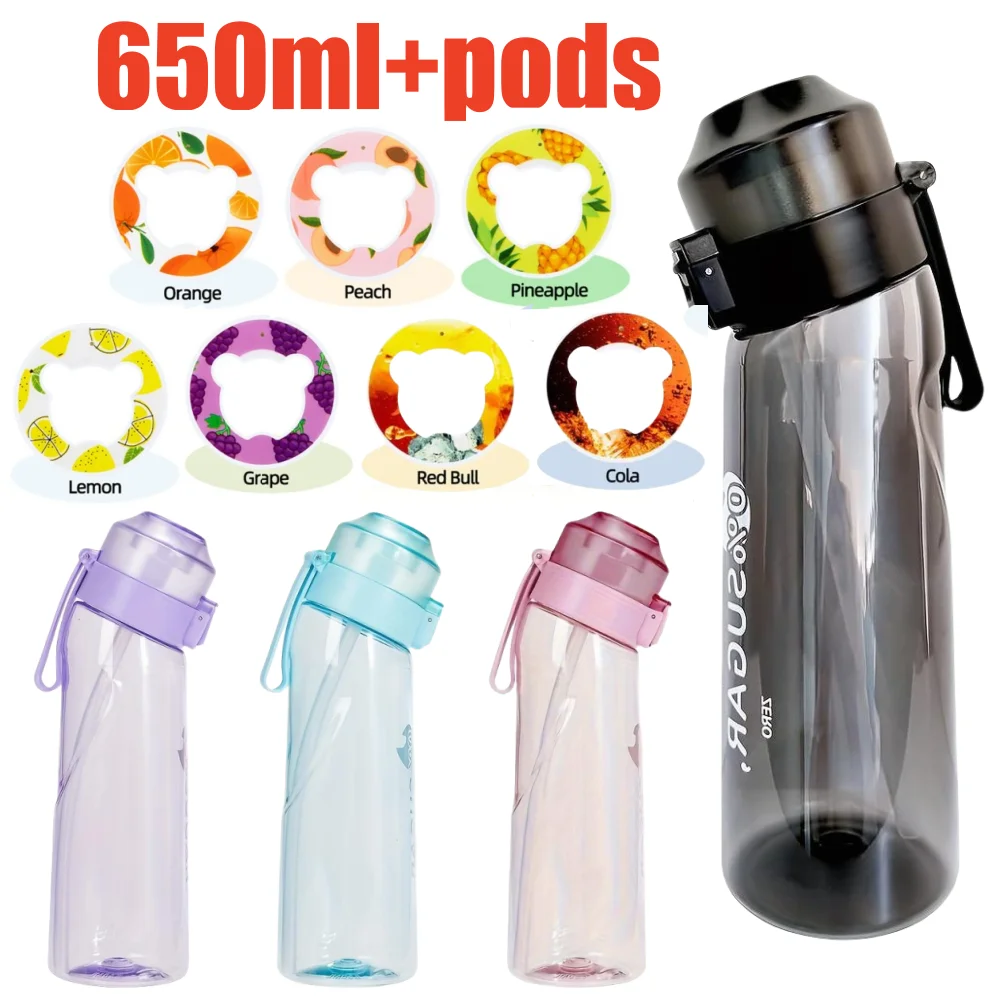 650 ml/22 Unzen tragbare Sportwasserflasche mit 7 Geschmackspoten, duftende, auslaufsichere Wasserflasche mit Strohhalm für Outdoor-Aktivitäten im Fitnessstudio Image