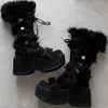 Schwarze flauschige kreuz gebundene Keile Absätze Stiefel Plattform runde Zehen Schuhe für Frauen