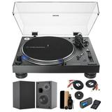 Audio-Technica AT-LP140XP-BK Direct-Drive Professional DJ Turntable (Black) with 4 Inch Bookshelf Speakers (Pair) Waith Record Cleaning Kit and Waith Digital Turntable Stylus (Essential Bundle Set)