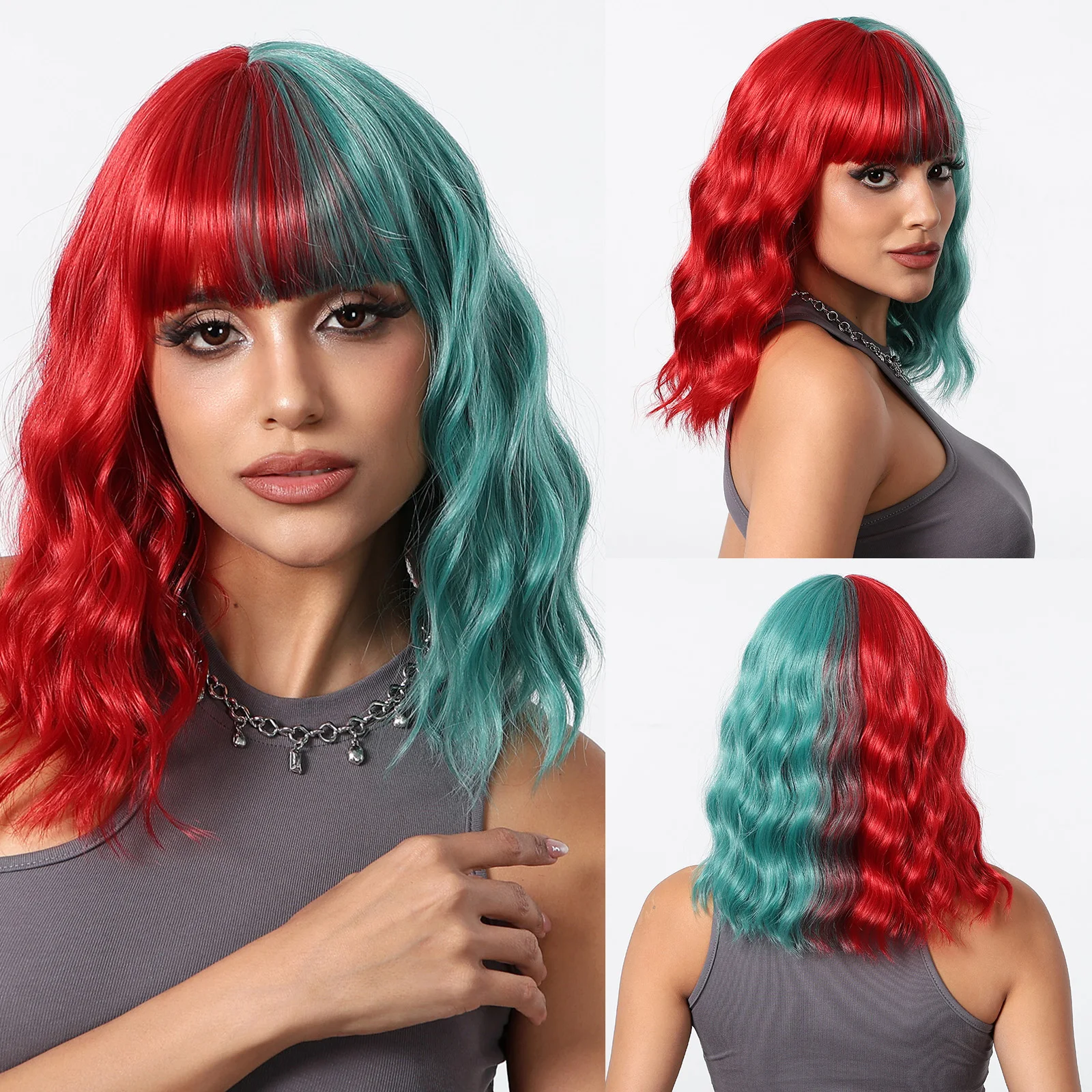 Kurze gewellte Bob synthetische Perücken rot grün Cosplay Perücke für Frauen mit Pony hitze beständige bunte Halloween Haar Perücke mit Pony