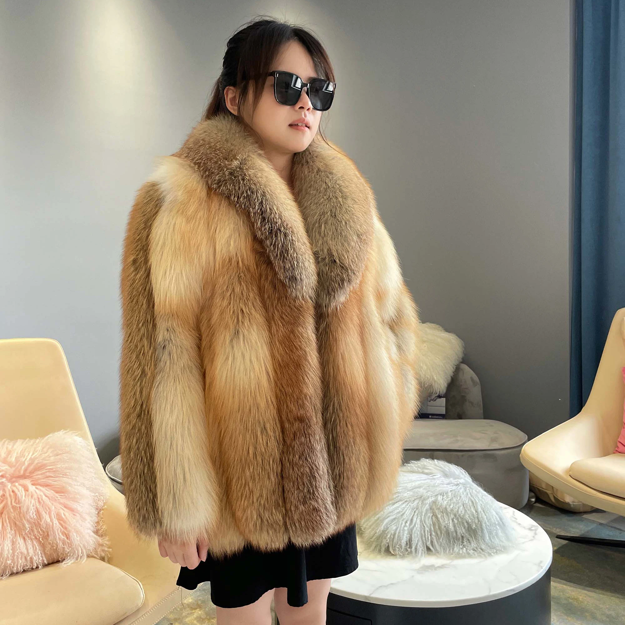 Mode natürlichen Rotfuchs Pelzmantel Frauen warmen dicken großen Schal Pelz kragen Mantel Image