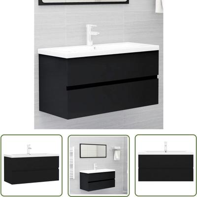 The Living Store - Waschbeckenunterschrank mit Einbaubecken Schwarz Holzwerkstoff Image