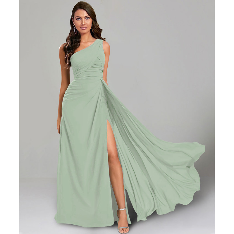 A-Line Wedding Guest Dresses Elegant Dress Black Tie Floor Length Short Sleeve One Shoulder Bridesmaid Dress Chiffon with Ruched