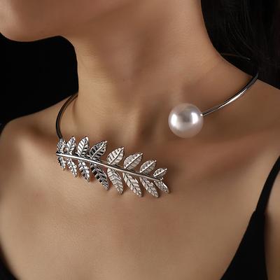 Statement Silver Leaf Pearl Choker Necklace for Women - Modern Fashion Jewelry for Evening Events, Parties, and Formal Occasions