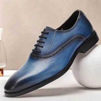 Men's Gradient Blue Oxford Shoes with Brogue Detailing - Premium Cowhide Leather Dress Shoes for Business Formal Occasions