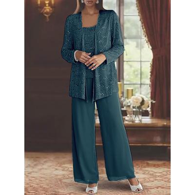 Jumpsuit / Pantsuit 3 Piece Beach Wedding Mother of the Bride Wedding Guest Elegant Scoop Neck Floor Length Chiffon Lace Sleeveless Wrap Included with Sequin 2025