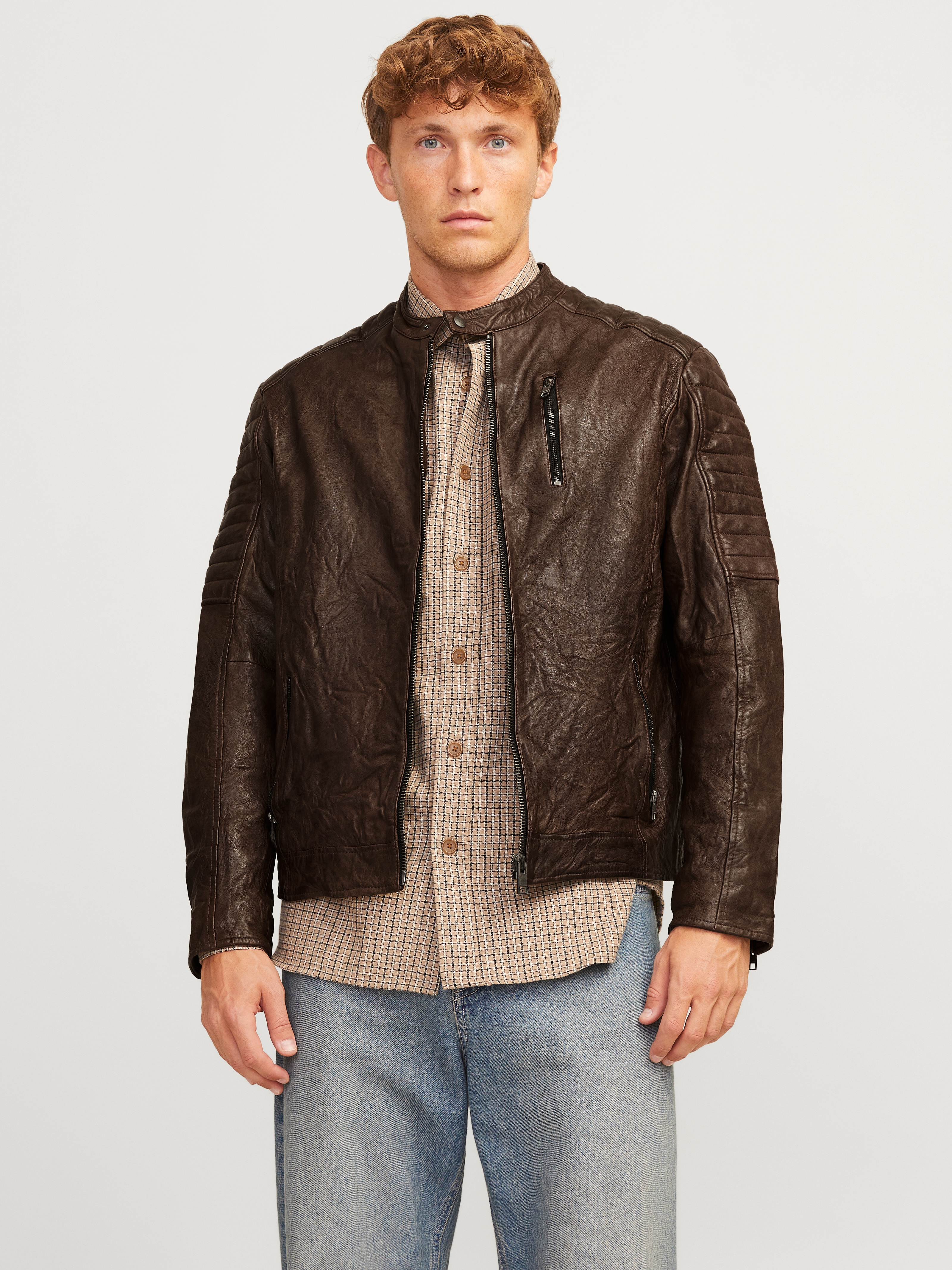 Lederjacke JACK & JONES "JJERICHARD LEATHER JACKET NOOS", Herren, Gr. XXL, braun (braun stone), Web, Obermaterial: 100% Lammleder, unifarben, normal, 1-Knopf-Manschette, Jacken