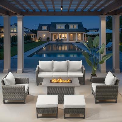 Outdoor Grey Rattan Sofa Chair set with Fire Table - Beige cushion