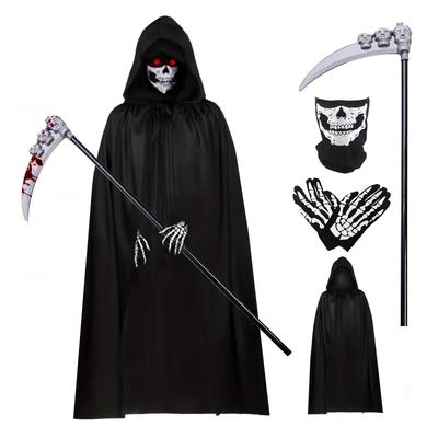 TEMU A Set Of 4pcs Of Halloween , Adult Accessories Set - Non-woven , Hooded , Skull , Skull Gloves And Detachable , For Halloween