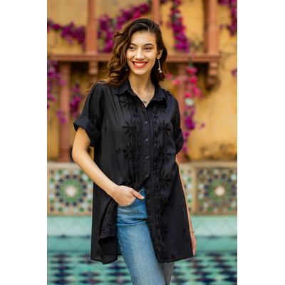 Festive Black,'Chikankari-Embroidered Black Cotton Button-Up Blouse'