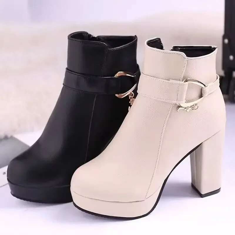 Winter Booties Women 2024 Genuine Leather Fashion Platform High Heel Boots Dress Shiny Office Ankle Boots