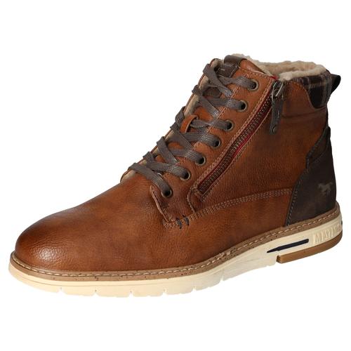 Winterboots MUSTANG SHOES Gr. 43, braun (cognac used) Herren Schuhe Schnürboots, Casual-Stiefelette mit kariertem Einsatz am Schaftrand