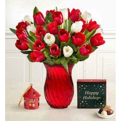 1-800-Flowers Flower Delivery Holiday Tulips 30 Stems W/ Red Vase, Lantern Ornament & Chocolate