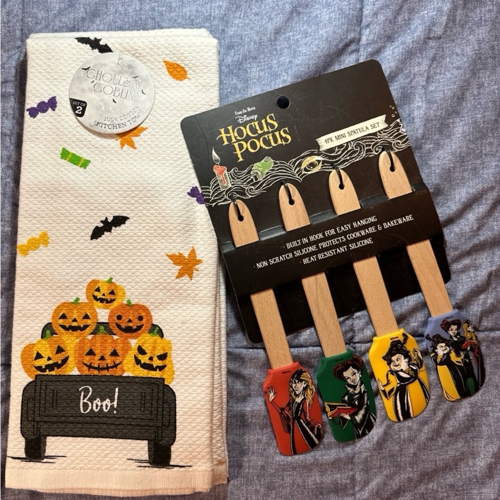 Disney Kitchen | Halloween Bundle Of Two Kitchen Towels, And Four Hocus-Pocus Mini Spatulas, New | Color: Black/Orange | Size: Os