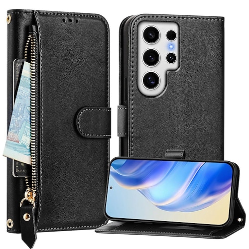 Handy Hülle Handyhüllen Für Samsung Galaxy S25 S24 S24 FE S23 S22 S21 Ultra Plus A55 5G A35 5G A25 A15 Brieftaschenhülle Mit Ständer Reisverschluss Vollschutz Retro TPU PU-Leder Image
