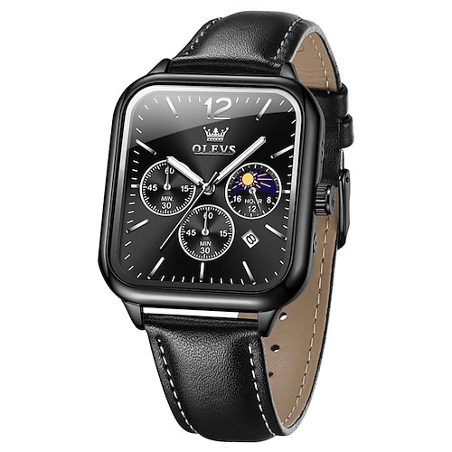 Neue Olevs Olevs Marke Mode Trend Herren Gürtel Uhr Quadrat Zifferblatt Leuchtender Mondphasenkalender Multifunktion Drei Augen Mit Mondphase Quarzuhr Lässige Wasserdichte Sport Herrenarmbanduhr