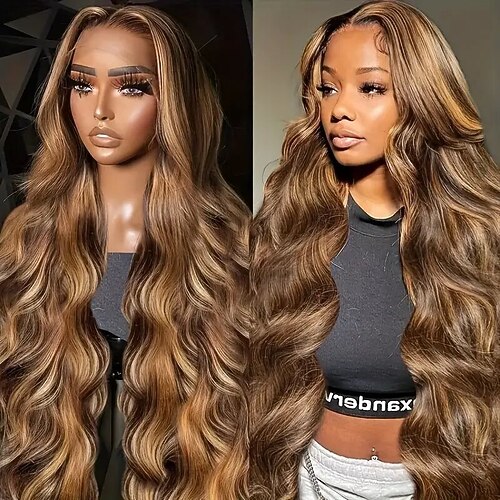 Highlight Körperwelle Perücke Echthaar P4/27 13x4 Lace Front Perücken 150% Dichte für Frauen langes Echthaar Image
