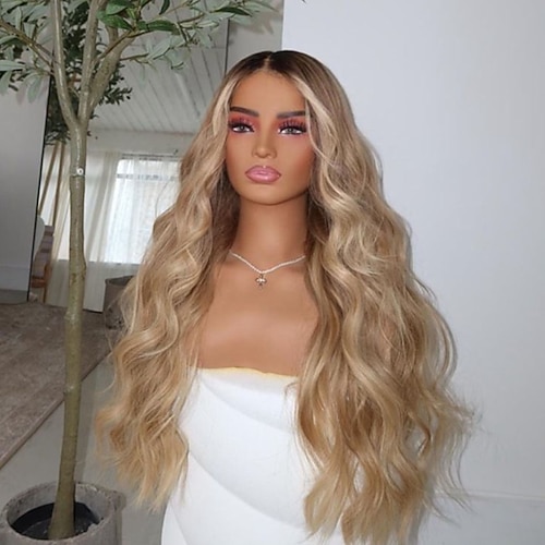 Echthaar 13x4 Spitzenfront Perücke Mittelteil Brasilianisches Haar Wellen Blond Mehrfarbig Perücke 130% 150% Haardichte Gefärbte Haarspitzen (Ombré Hair) Natürlicher Haaransatz Leimlos Vorgerupft Für Image