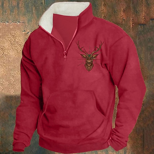 Herren Sweatshirt Viertelreißverschluss Sweatshirt Schwarz Rote Blau Khaki Halber Reißverschluss Rentier Druck Weihnachten Täglich Ferien Polyester Streetwear Lässig Bayerisch Herbst Winter Bekleidung Image