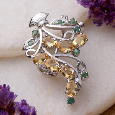 'Rhodium-Plated Three-Carat Citrine and Emerald Brooch Pin'