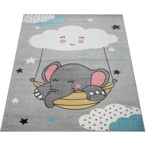 Kinderteppich PACO HOME ""Nino 881"" Teppiche Gr. B: 160cm, 13mm, L: 220cm, grau Kinder Spielteppich, Kurzflor, Motiv Wolke, Sterne & Elefant, Kinderzimmer