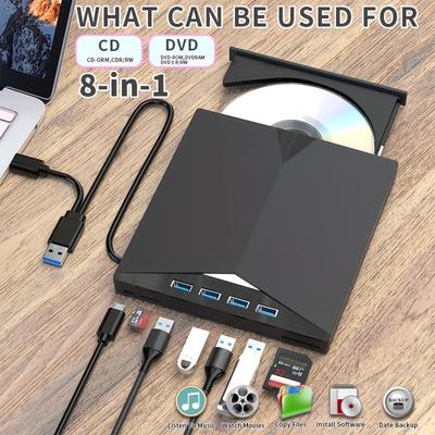 TEMU 7-in-1 Portable Usb 3.0 Cd/dvd Drive - Burn, Play, Read, Write & Install Discs With Ease - External Optical Drive Power Cord Included - Compatible With Laptops, Desktops, Pcs, & Windows