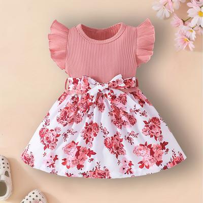 TEMU Baby's Floral Pattern Cute Sleeve Dress, Baby Girl's Comfortable Summer Clothing