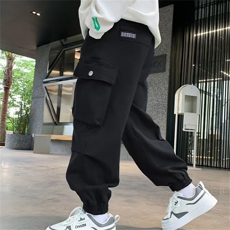Kids Boys Pants Cargo Pants Trousers Patchwork Pocket Solid Color Breathable Soft Comfort Pants Outdoor Daily Basic Black Khaki Mid Waist