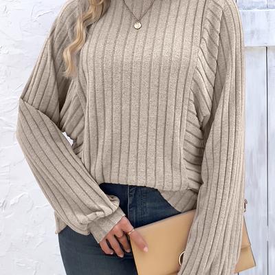 TEMU Solid Color Long Sleeve Ribbed Top, Casual Crew Neck Top For Spring & Fall, Women's Clothing Image