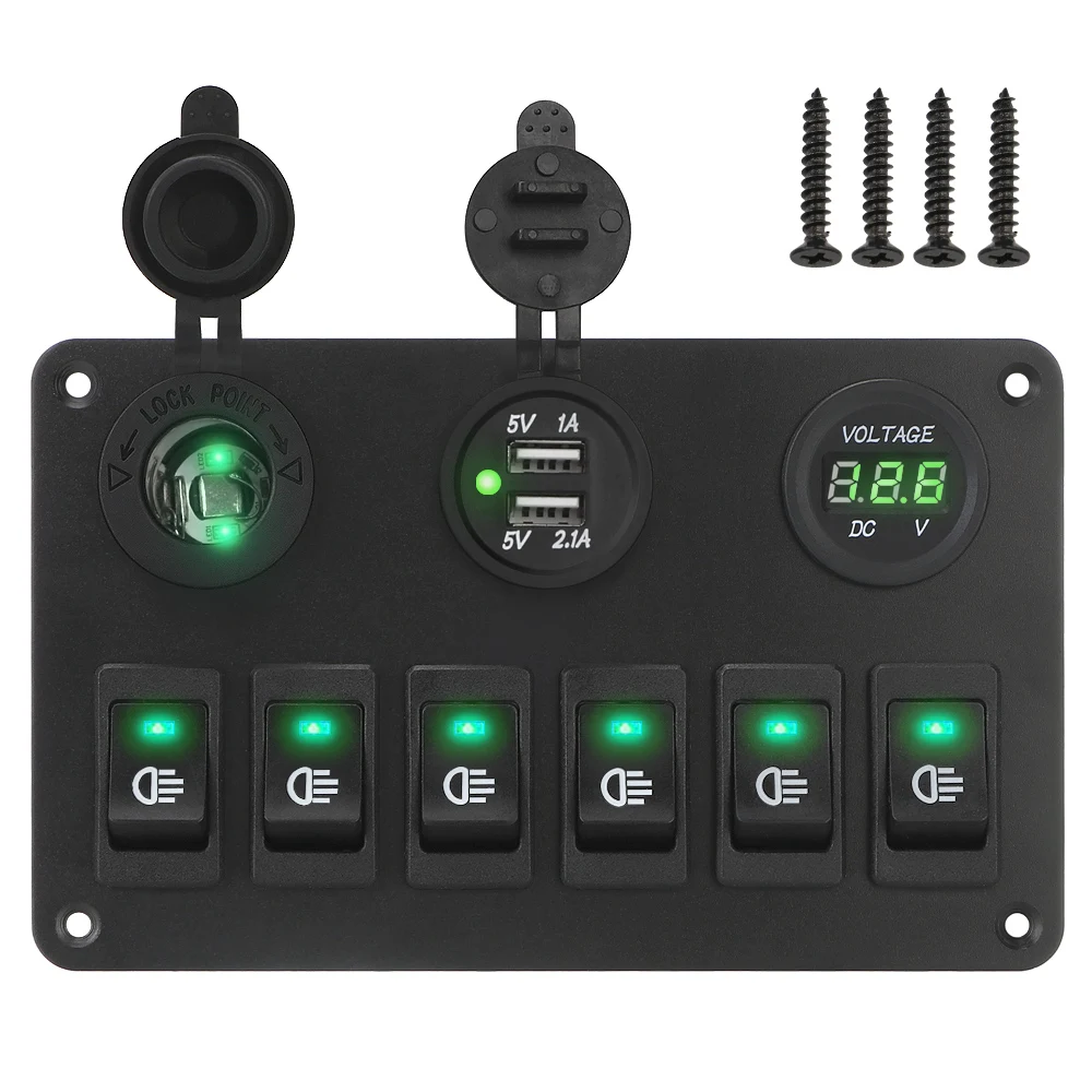 Panneau d'interrupteur à bascule à 6 gangs, voltmètre numérique LED, disjoncteur marin de voiture étanche, double Ports USB, lumières marche/arrêt DC 12V/24V