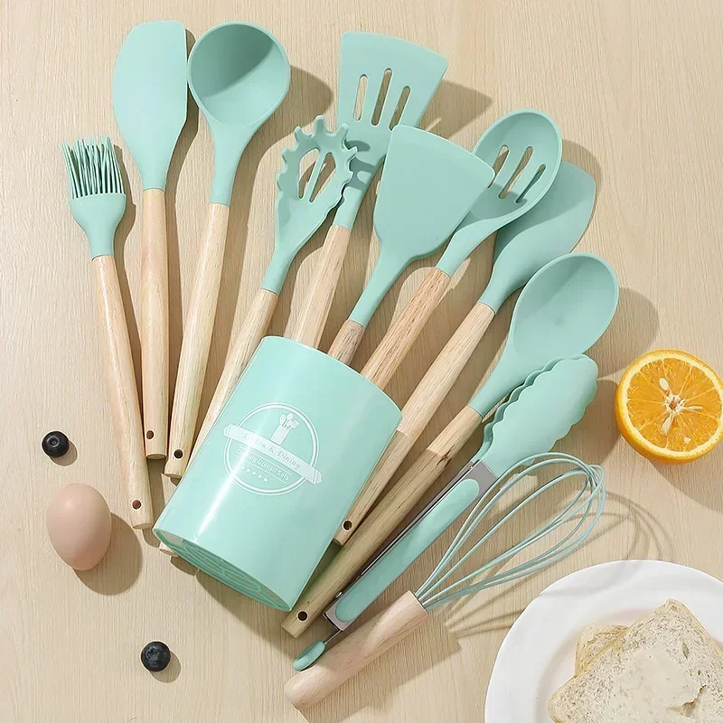 Ustensiles de cuisine antiadhésifs en Silicone, ensemble d'ustensiles de cuisine, spatule, pelle, batteurs d'œufs, manche en bois, ensemble d'outils de cuisine 12 pièces
