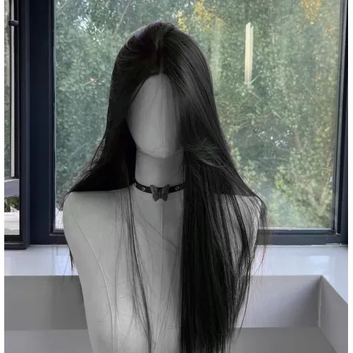 Perruque noire pour femmes, cheveux longs et lisses, bandeau, perruque Lace Front Wig, tempérament Cosplay pour usage quotidien, perruques synthétiques noires Lolita