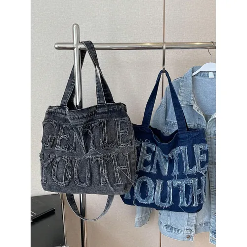 Sac fourre-tout en toile denim au design simple avec lettres, sac à bandoulière de grande capacité, adapté à un usage quotidien, au travail et aux déplacements quotidiens des femmesA-DH