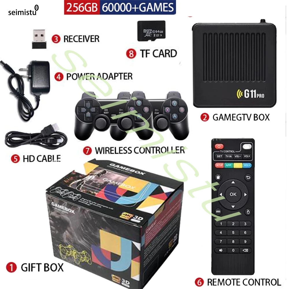 Boîte de jeu d'arcade G11 Pro Game Box TV 256G en plus de 60000 jeux rétro 4K HD Console de jeu vidéo 2.4G manette de jeu sans fil pour PS1/GBA