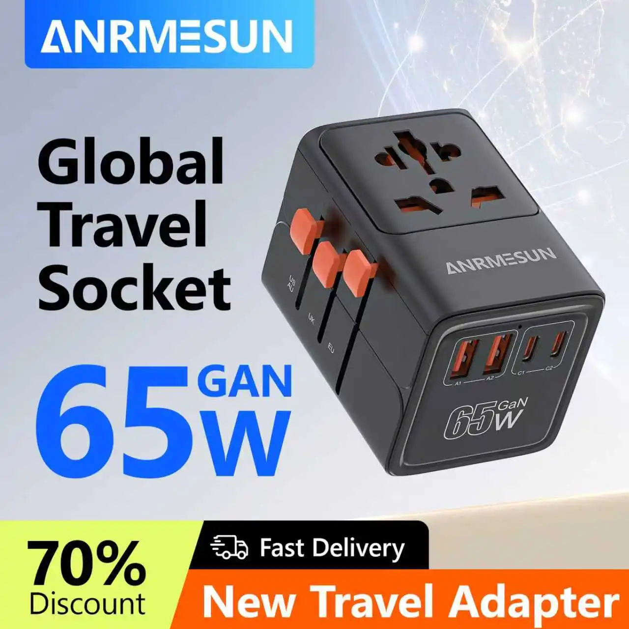 Adattatore da viaggio universale con 4 prese CA 1 porta USB 2 Type-C PD 25W Carica rapida all-in-one sulla ricarica con spina UE UK US AUS