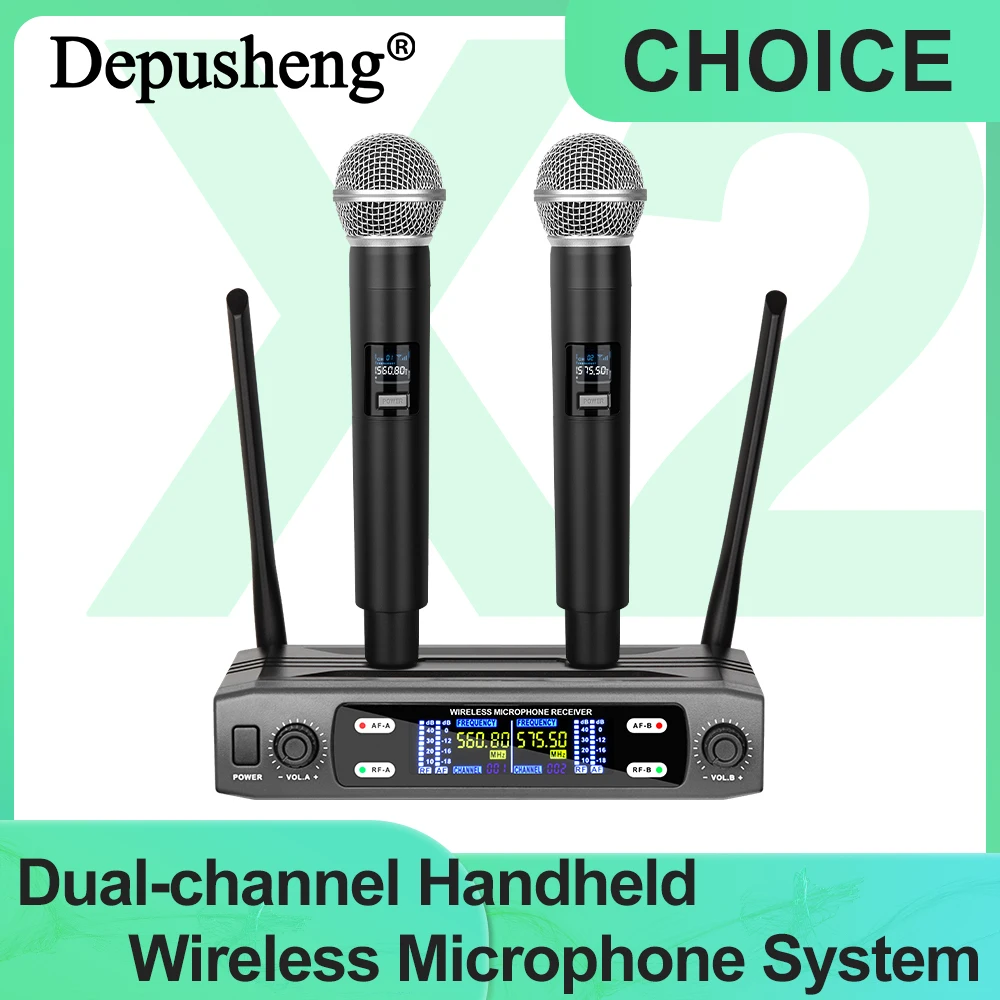 Microfono wireless portatile doppio microfono dinamico a frequenza fissa UHF a 2 canali per spettacoli di gruppi di feste di matrimonio Karaoke