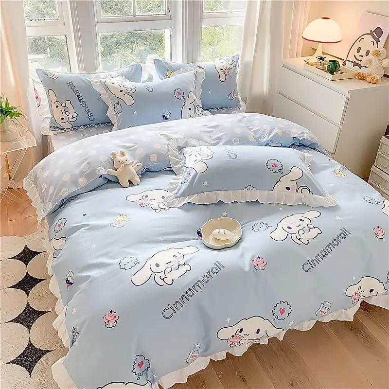 Sanrio Kuromi Cinna moroll meine Melodie koreanische Version süße Cartoon Spitze Stil reine Baumwolle Bettlaken Bett bezug dreiteiliges Set Image