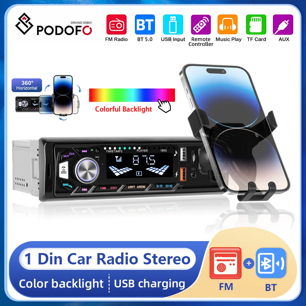 Podofo 1din Auto MP3-Player In-Dash Autoradio Stereo Digital Bluetooth Audio Musik FM Player USB/AUX-IN mit Handy halter