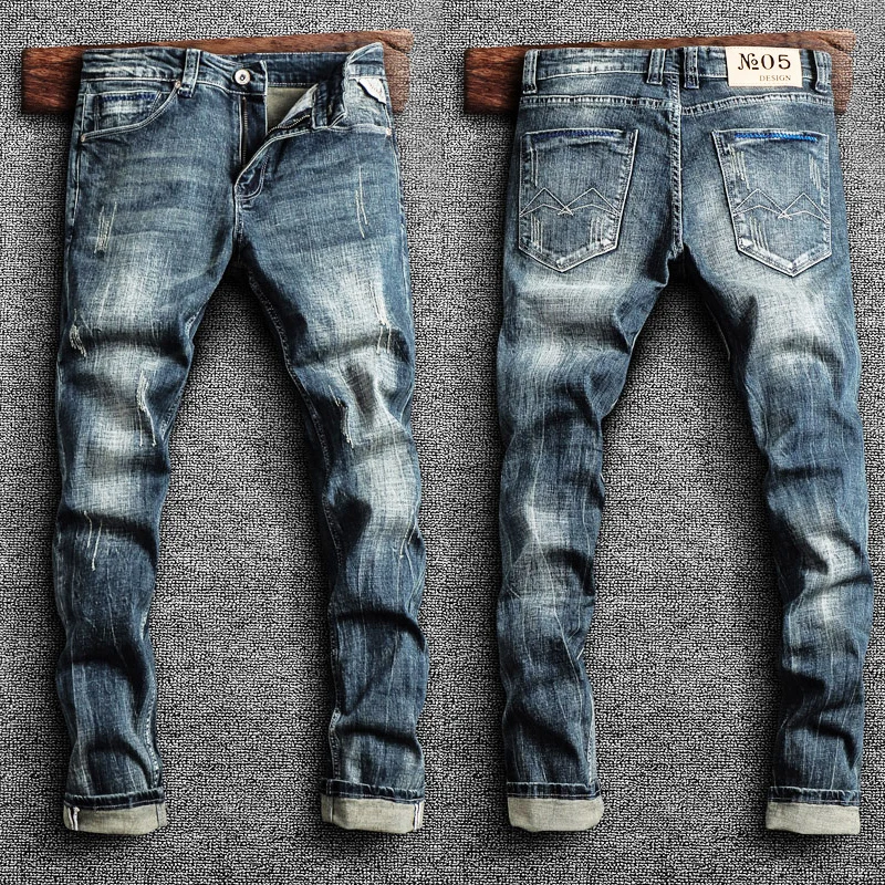 Italienische Mode Männer Jeans Retro Blau Elastische Slim Fit Zerrissene Jeans Männer Hosen Vintage Designer Casual Denim Hosen Hombre